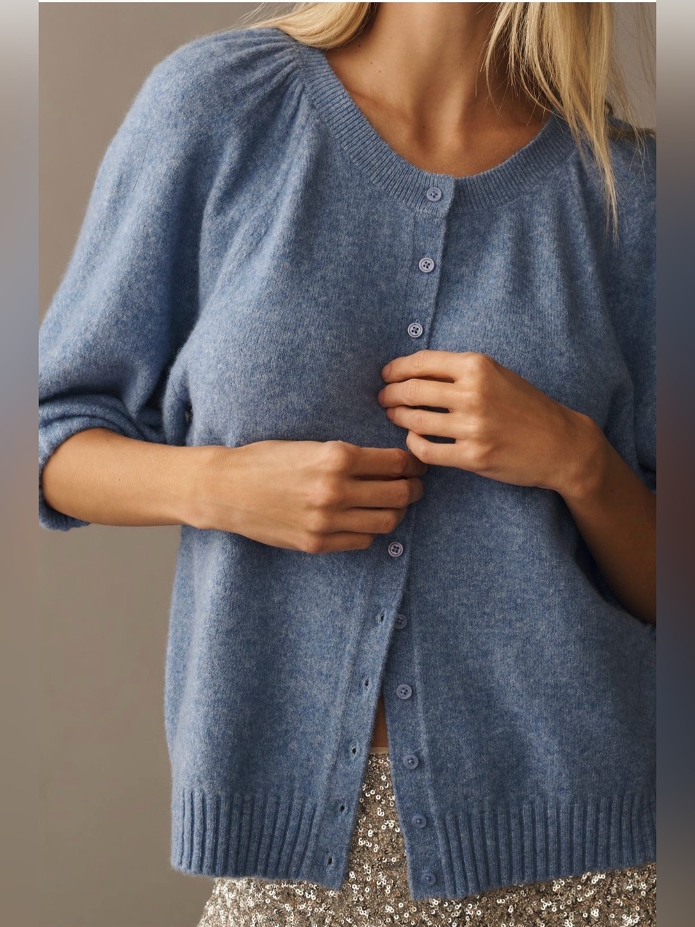 Anthropologie Puff-Sleeve Cardigan Sweater Heather Cornflower - Picture 4 of 14